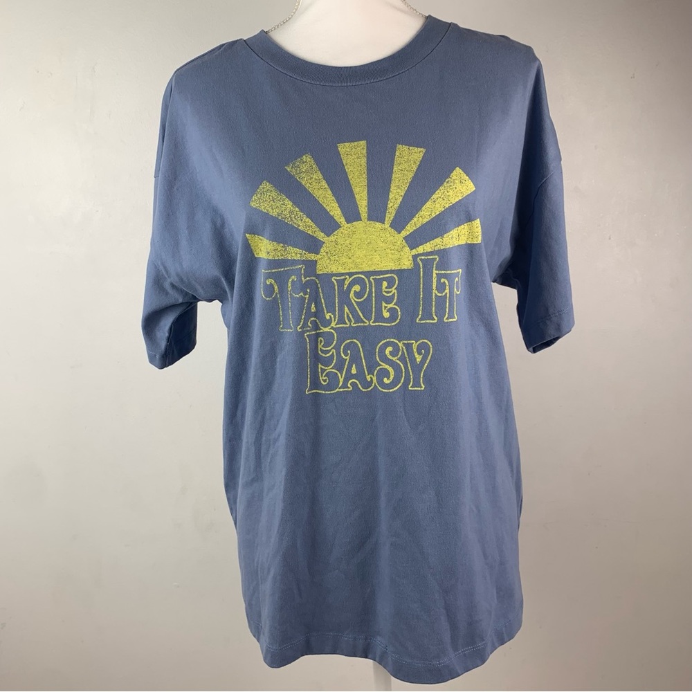 BP. Blue “Take It Easy” Graphic Tee with Yellow Sun – Size Medium